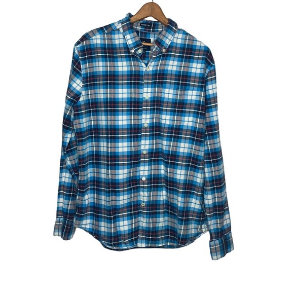 American Eagle Men's Large L Blue Plaid‎ Check Seriously Soft Button Up Shirt - Picture 1 of 4